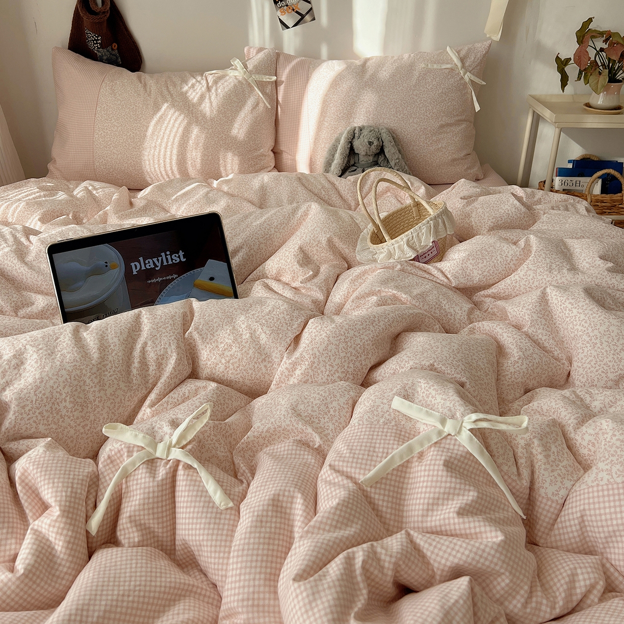 91家纺网 家纺一手货源 找家纺 初夏家纺 2026 公主风蝴蝶结A类古法水洗仿棉四件套床上用品三件套被套床单【提供买家秀】 公主蝴蝶结-玉