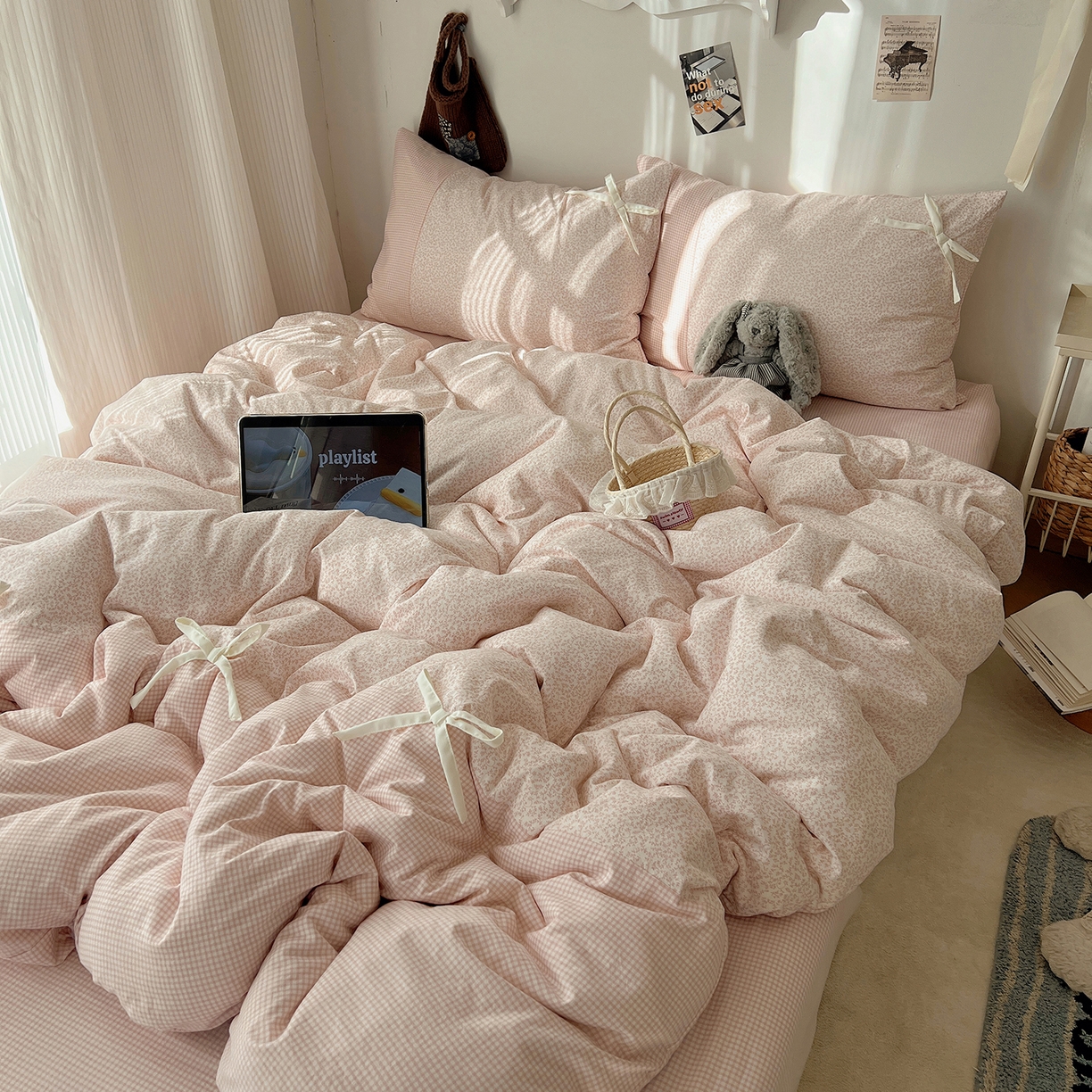 91家纺网 家纺一手货源 找家纺 初夏家纺 2026 公主风蝴蝶结A类古法水洗仿棉四件套床上用品三件套被套床单【提供买家秀】 公主蝴蝶结-玉