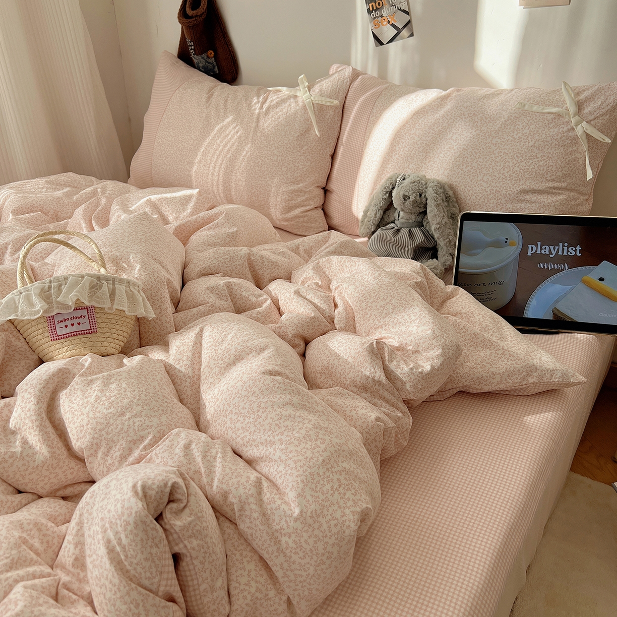 91家纺网 家纺一手货源 找家纺 初夏家纺 2026 公主风蝴蝶结A类古法水洗仿棉四件套床上用品三件套被套床单【提供买家秀】 公主蝴蝶结-玉