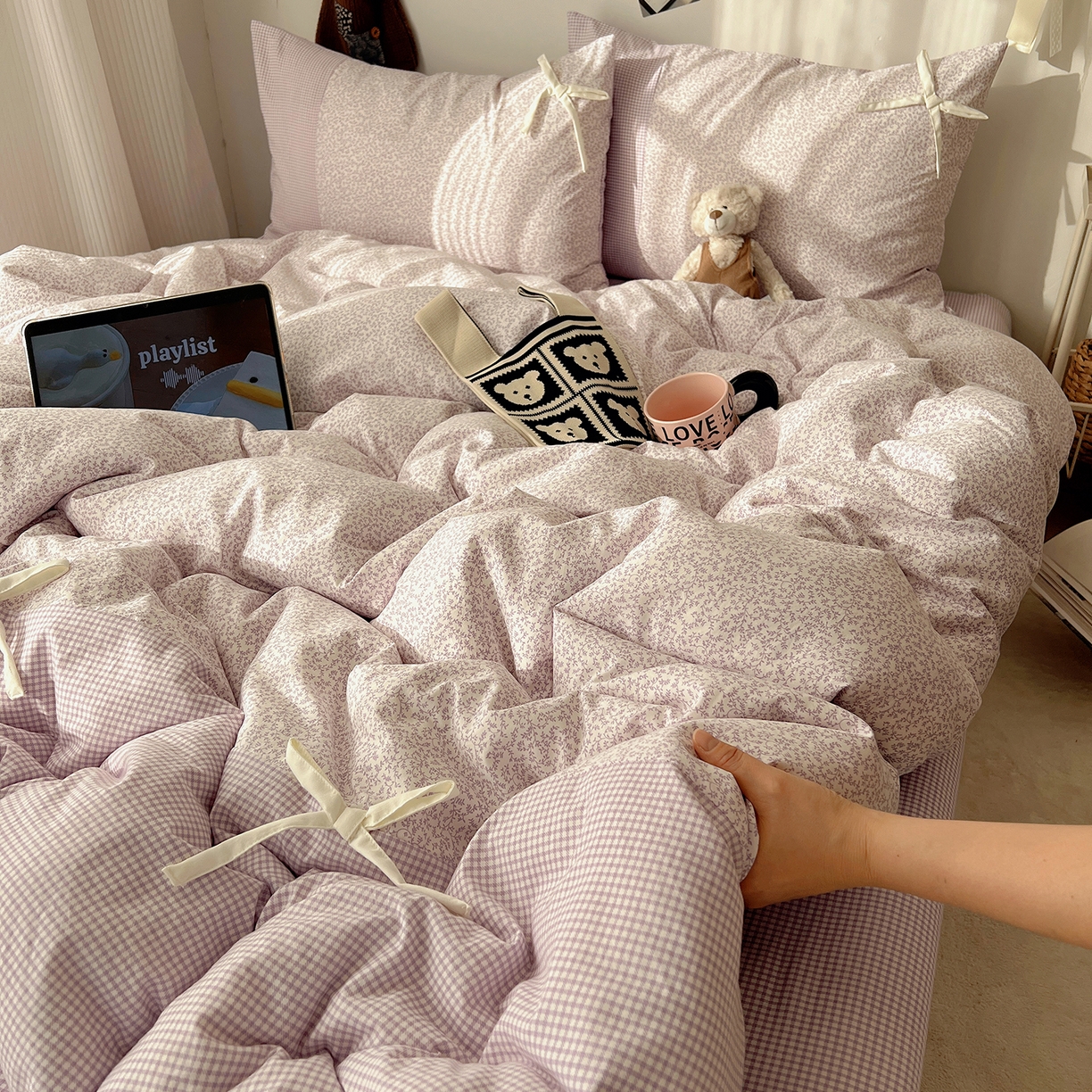 91家纺网 家纺一手货源 找家纺 初夏家纺 2026 公主风蝴蝶结A类古法水洗仿棉四件套床上用品三件套被套床单【提供买家秀】 公主蝴蝶结-紫