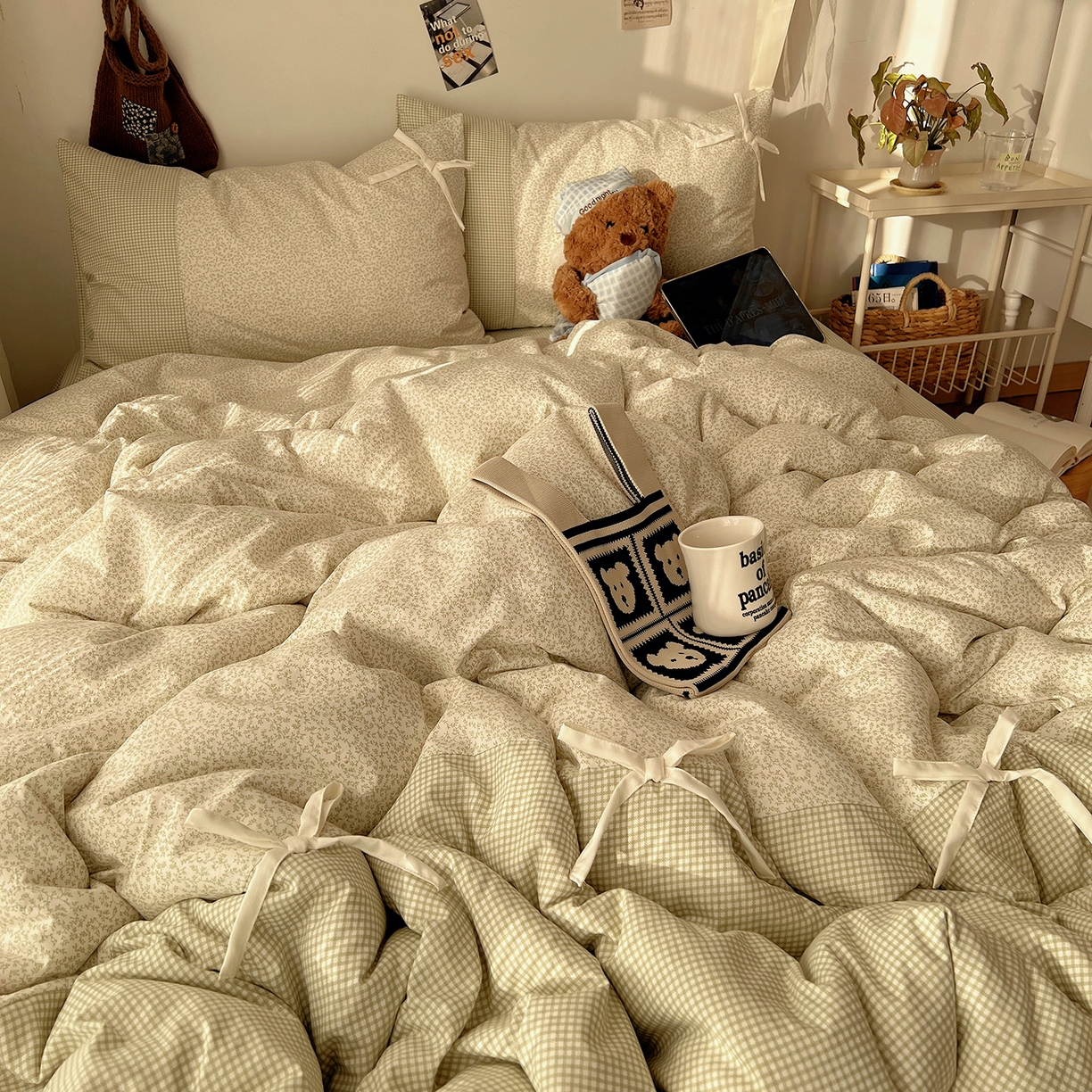 91家纺网 家纺一手货源 找家纺 初夏家纺 2026 公主风蝴蝶结A类古法水洗仿棉四件套床上用品三件套被套床单【提供买家秀】 公主蝴蝶结-绿