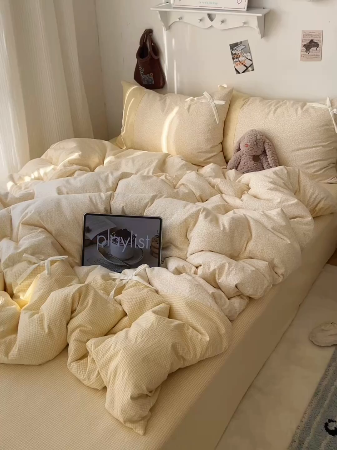 91家纺网 家纺一手货源 找家纺 初夏家纺 2026 公主风蝴蝶结A类古法水洗仿棉四件套床上用品三件套被套床单【提供买家秀】 公主蝴蝶结-黄