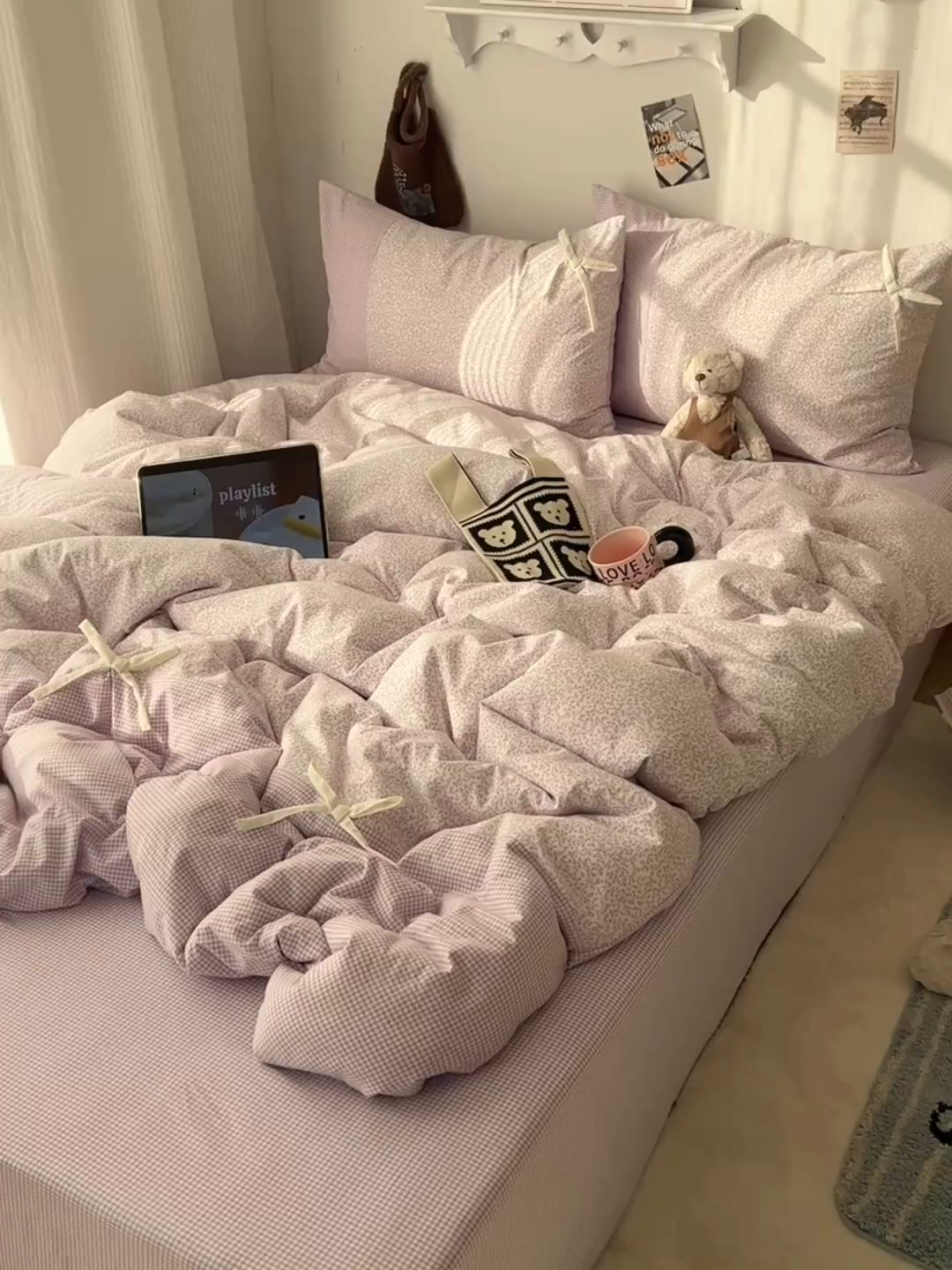 91家纺网 家纺一手货源 找家纺 初夏家纺 2026 公主风蝴蝶结A类古法水洗仿棉四件套床上用品三件套被套床单【提供买家秀】 公主蝴蝶结-紫