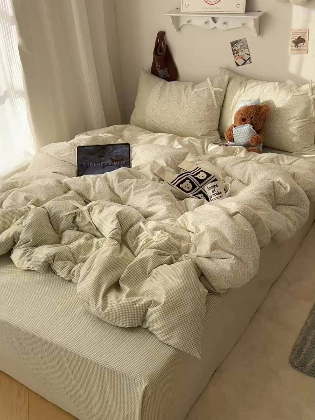 91家纺网 家纺一手货源 找家纺 初夏家纺 2026 公主风蝴蝶结A类古法水洗仿棉四件套床上用品三件套被套床单【提供买家秀】 公主蝴蝶结-绿