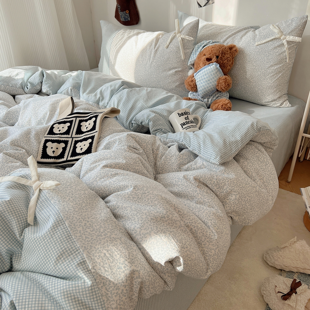 91家纺网 家纺一手货源 找家纺 初夏家纺 2026 公主风蝴蝶结A类古法水洗仿棉四件套床上用品三件套被套床单【提供买家秀】 公主蝴蝶结-蓝