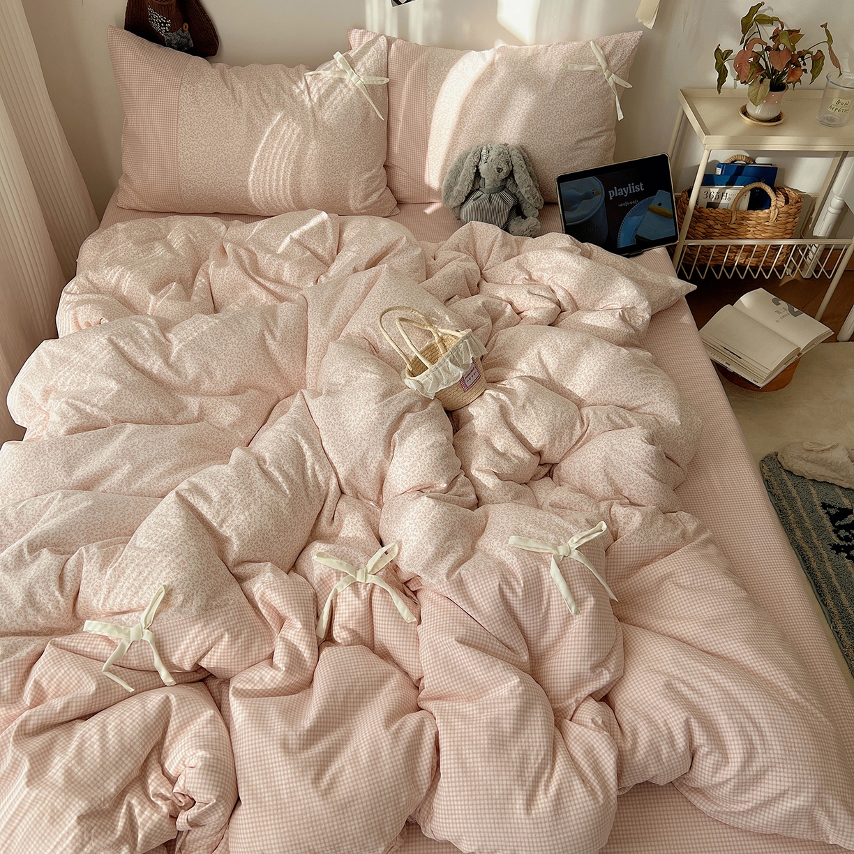 91家纺网 家纺一手货源 找家纺 初夏家纺 2026 公主风蝴蝶结A类古法水洗仿棉四件套床上用品三件套被套床单【提供买家秀】 公主蝴蝶结-玉