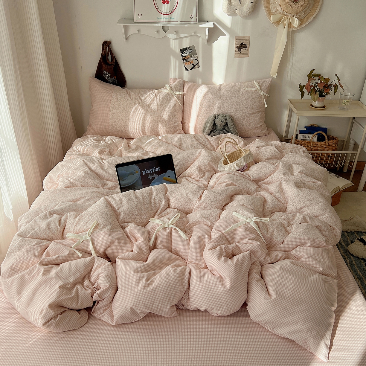 91家纺网 家纺一手货源 找家纺 初夏家纺 2026 公主风蝴蝶结A类古法水洗仿棉四件套床上用品三件套被套床单【提供买家秀】 公主蝴蝶结-玉