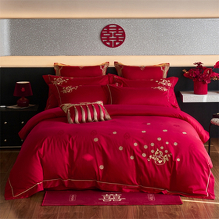 91家纺网 家纺一手货源 找家纺 红番天婚庆 2025新款全棉纯棉提花四件套-金凤玉露