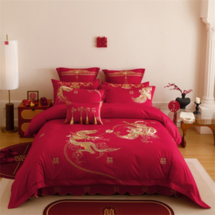 91家纺网 家纺一手货源 找家纺 红番天婚庆 2025新款全棉纯棉提花刺绣四件套禧约-金