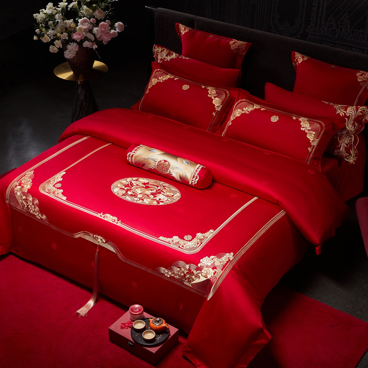 91家纺网 家纺一手货源 找家纺 红番天婚庆 2025新款全棉纯棉提花刺绣四件套 贵族盛典-金