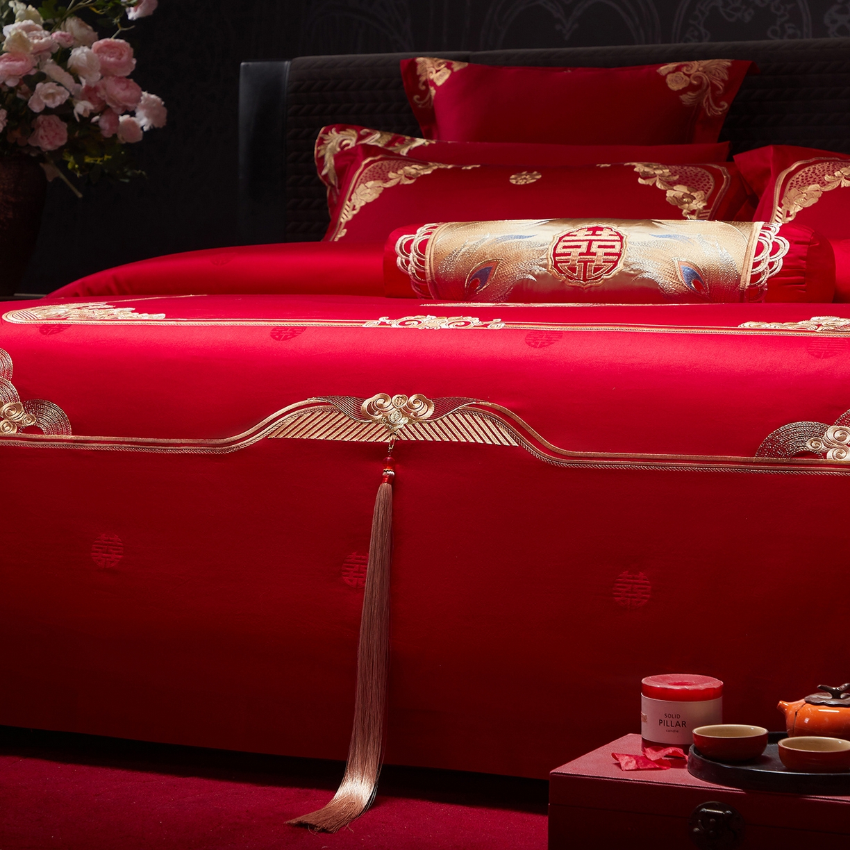 91家纺网 家纺一手货源 找家纺 红番天婚庆 2025新款全棉纯棉提花刺绣四件套 贵族盛典-金