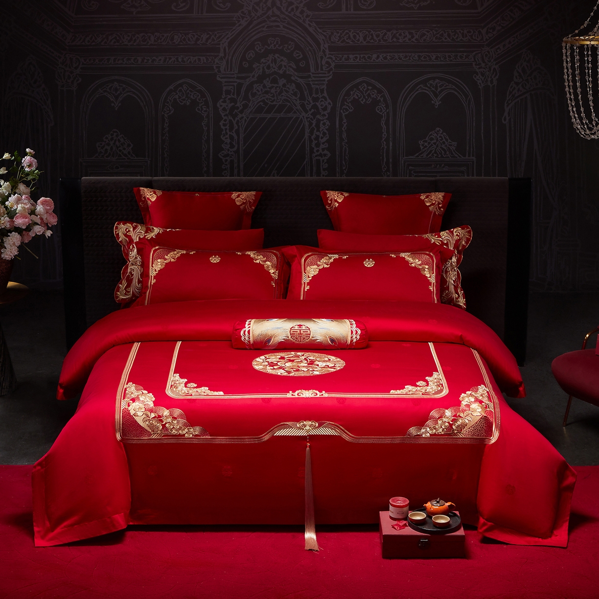 91家纺网 家纺一手货源 找家纺 红番天婚庆 2025新款全棉纯棉提花刺绣四件套 贵族盛典-金