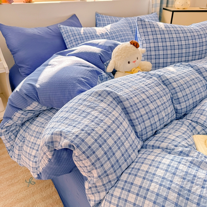 91家纺网 家纺一手货源 找家纺 壹号库 2025新款A类提花有氧彩竺绵四件套 无印兰格