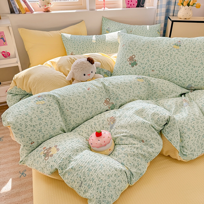 91家纺网 家纺一手货源 找家纺 壹号库 2025新款A类提花有氧彩竺绵四件套 快乐小象