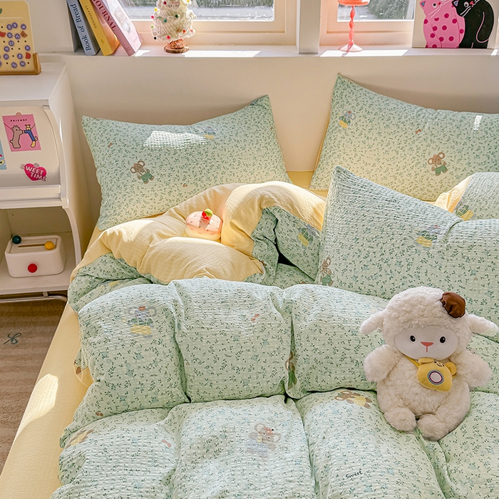 91家纺网 家纺一手货源 找家纺 壹号库 2025新款A类提花有氧彩竺绵四件套 快乐小象