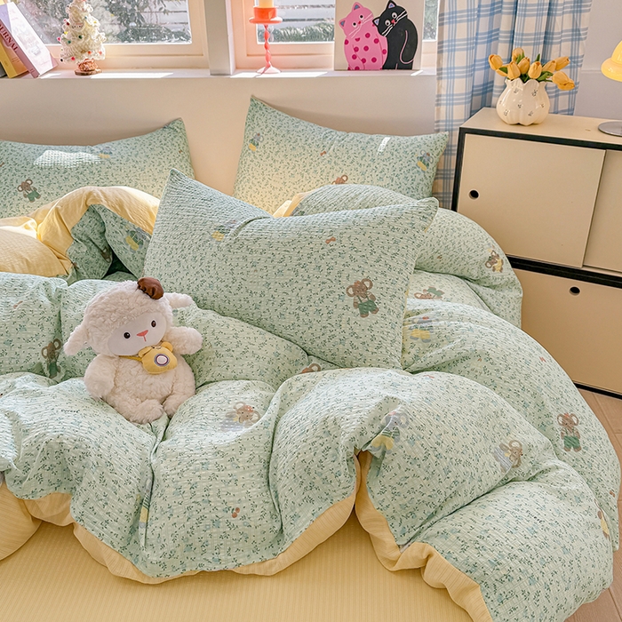 91家纺网 家纺一手货源 找家纺 壹号库 2025新款A类提花有氧彩竺绵四件套 快乐小象