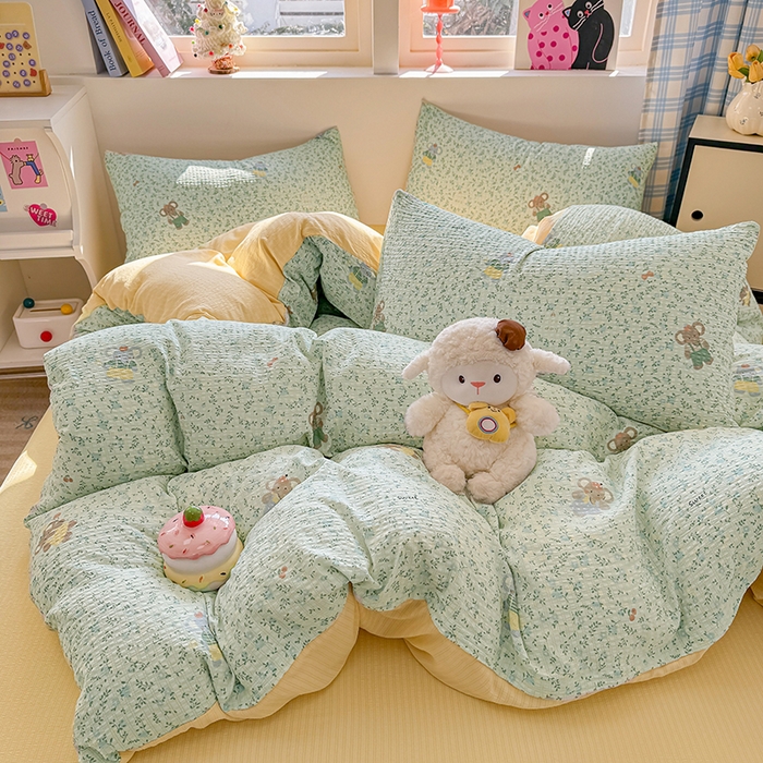 91家纺网 家纺一手货源 找家纺 壹号库 2025新款A类提花有氧彩竺绵四件套 快乐小象