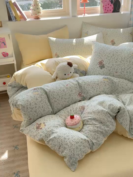 91家纺网 家纺一手货源 找家纺 壹号库 2025新款A类提花有氧彩竺绵四件套 快乐小象