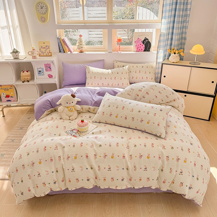 91家纺网 家纺一手货源 找家纺 壹号库 2025新款A类提花有氧彩竺绵四件套 兔巴巴