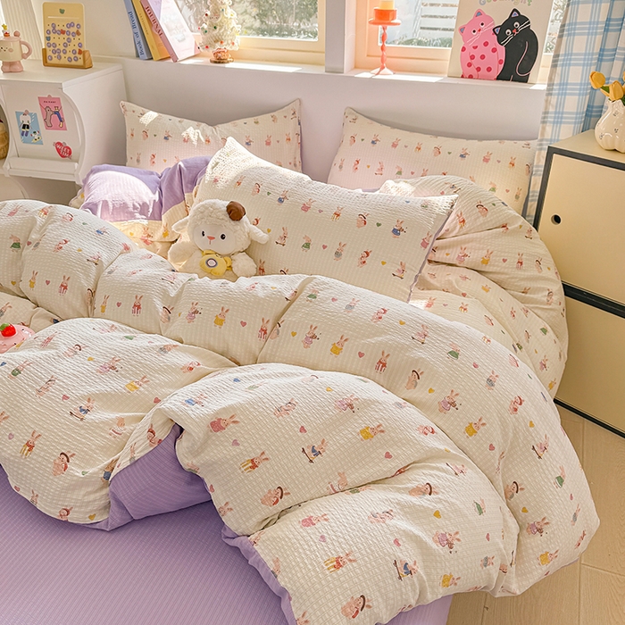 91家纺网 家纺一手货源 找家纺 壹号库 2025新款A类提花有氧彩竺绵四件套 兔巴巴