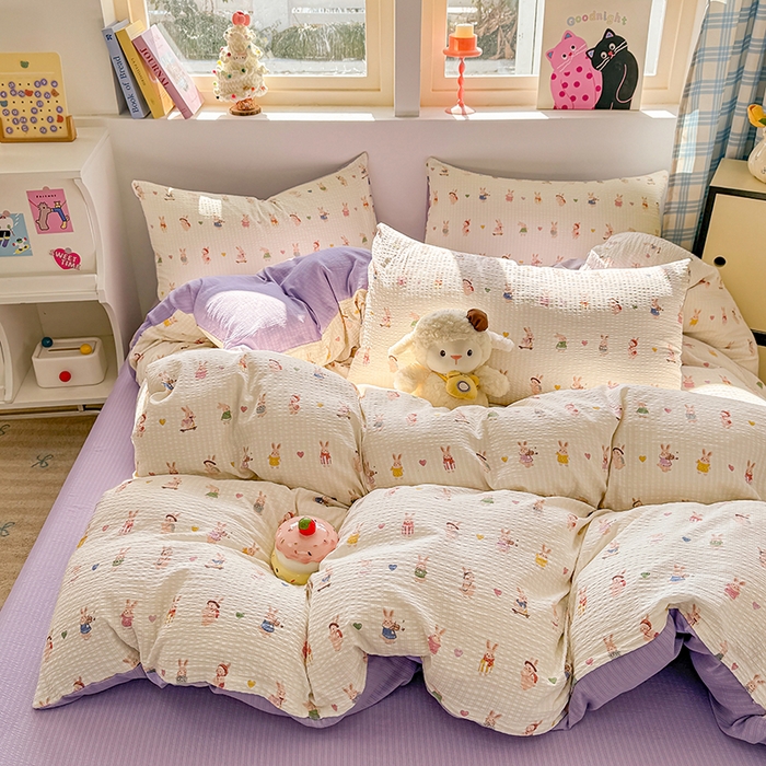 91家纺网 家纺一手货源 找家纺 壹号库 2025新款A类提花有氧彩竺绵四件套 兔巴巴