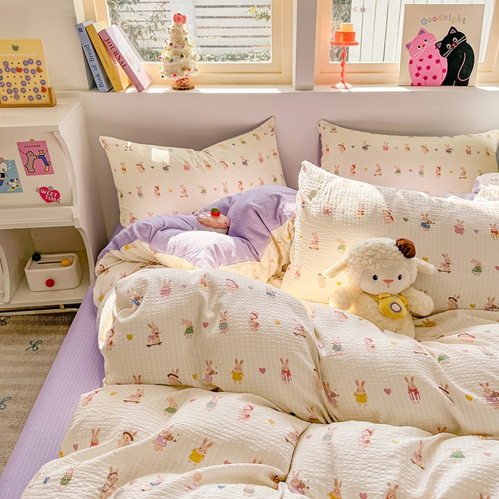 91家纺网 家纺一手货源 找家纺 壹号库 2025新款A类提花有氧彩竺绵四件套 兔巴巴