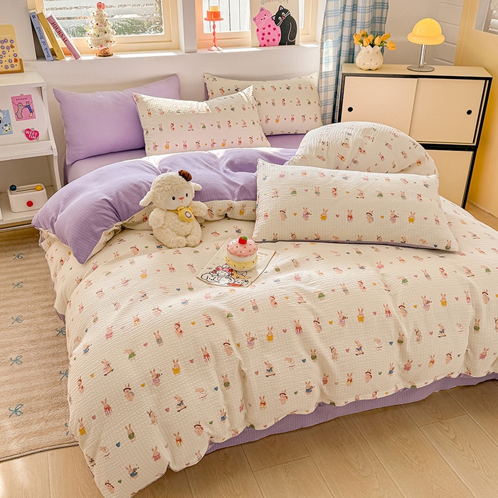 91家纺网 家纺一手货源 找家纺 壹号库 2025新款A类提花有氧彩竺绵四件套 兔巴巴