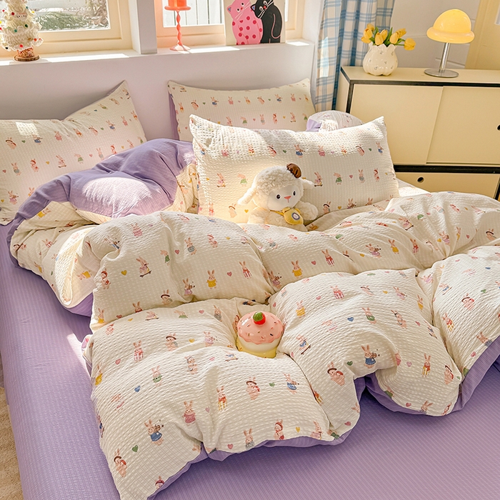 91家纺网 家纺一手货源 找家纺 壹号库 2025新款A类提花有氧彩竺绵四件套 兔巴巴