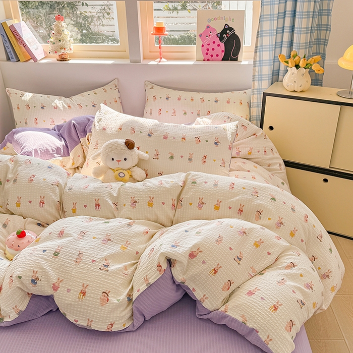 91家纺网 家纺一手货源 找家纺 壹号库 2025新款A类提花有氧彩竺绵四件套 兔巴巴