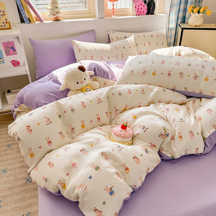 91家纺网 家纺一手货源 找家纺 壹号库 2025新款A类提花有氧彩竺绵四件套 兔巴巴