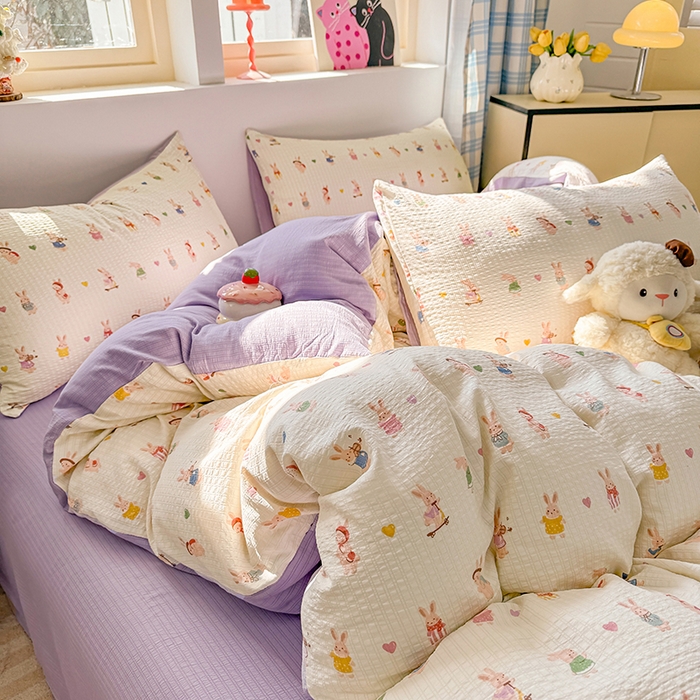 91家纺网 家纺一手货源 找家纺 壹号库 2025新款A类提花有氧彩竺绵四件套 兔巴巴