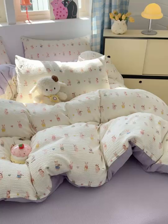 91家纺网 家纺一手货源 找家纺 壹号库 2025新款A类提花有氧彩竺绵四件套 兔巴巴