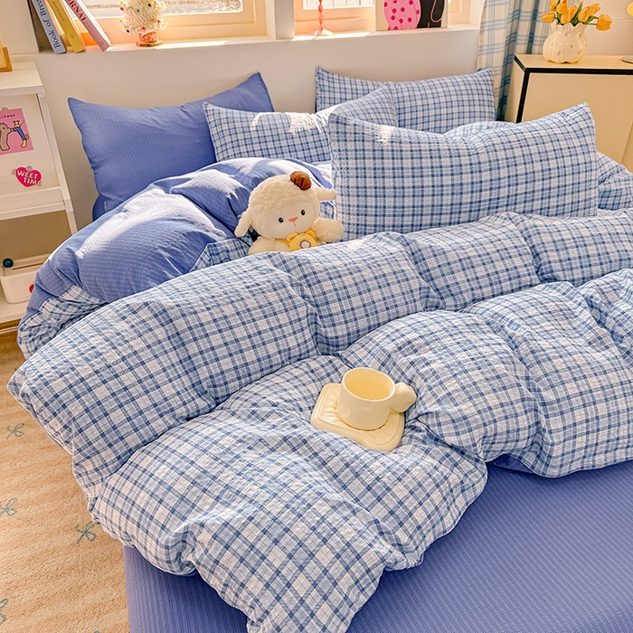 91家纺网 家纺一手货源 找家纺 壹号库 2025新款A类提花有氧彩竺绵四件套 无印兰格