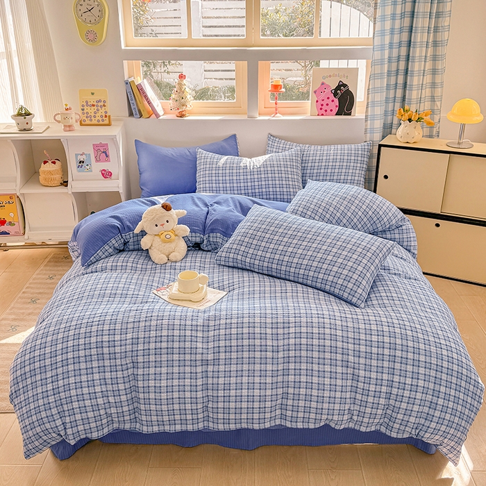 91家纺网 家纺一手货源 找家纺 壹号库 2025新款A类提花有氧彩竺绵四件套 无印兰格