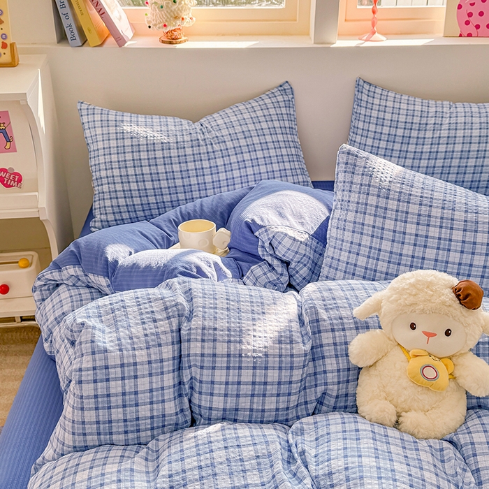 91家纺网 家纺一手货源 找家纺 壹号库 2025新款A类提花有氧彩竺绵四件套 无印兰格