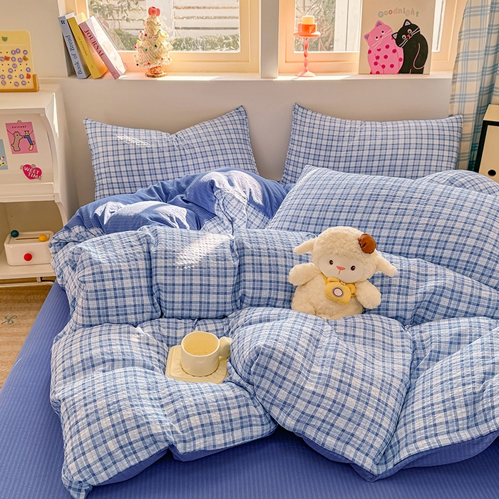 91家纺网 家纺一手货源 找家纺 壹号库 2025新款A类提花有氧彩竺绵四件套 无印兰格