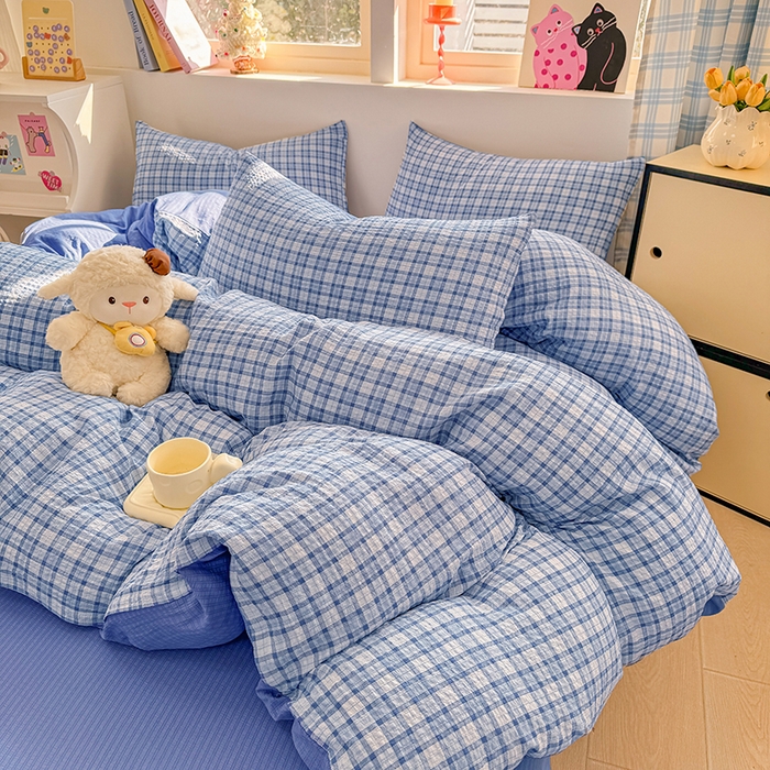 91家纺网 家纺一手货源 找家纺 壹号库 2025新款A类提花有氧彩竺绵四件套 无印兰格