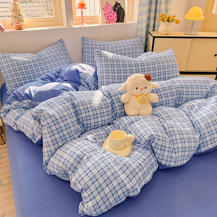 91家纺网 家纺一手货源 找家纺 壹号库 2025新款A类提花有氧彩竺绵四件套 无印兰格