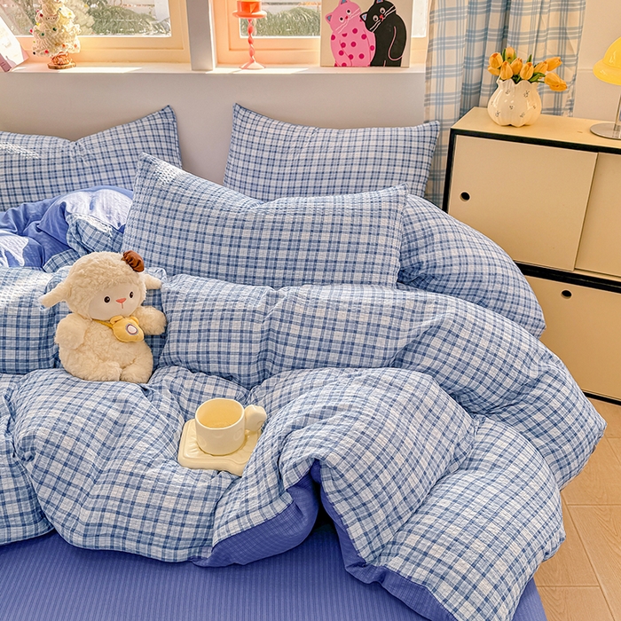 91家纺网 家纺一手货源 找家纺 壹号库 2025新款A类提花有氧彩竺绵四件套 无印兰格