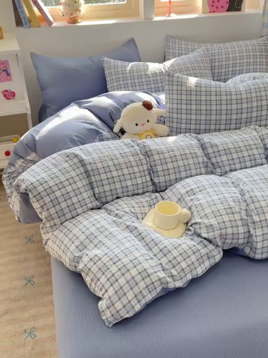 91家纺网 家纺一手货源 找家纺 壹号库 2025新款A类提花有氧彩竺绵四件套 无印兰格