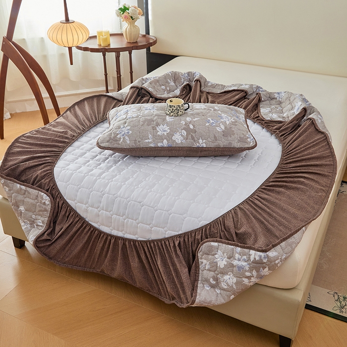 91家纺网 家纺一手货源 找家纺 圣比熊 2026新款原麻夹棉床笠机洗家用防滑透气四季款加厚床罩床垫床单保护套三件套-新款 漫步花丛-蓝