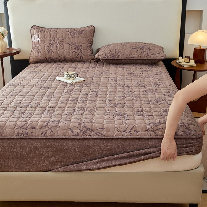 91家纺网 家纺一手货源 找家纺 圣比熊 2026新款原麻夹棉床笠机洗家用防滑透气四季款加厚床罩床垫床单保护套三件套-新款 素锦