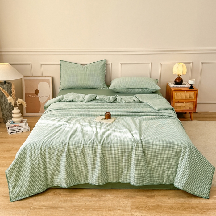 91家纺网 家纺一手货源 找家纺 鸣升家纺 2026新款全棉色织水洗棉贝壳边棉花空调被夏凉被夏被四件套 果绿