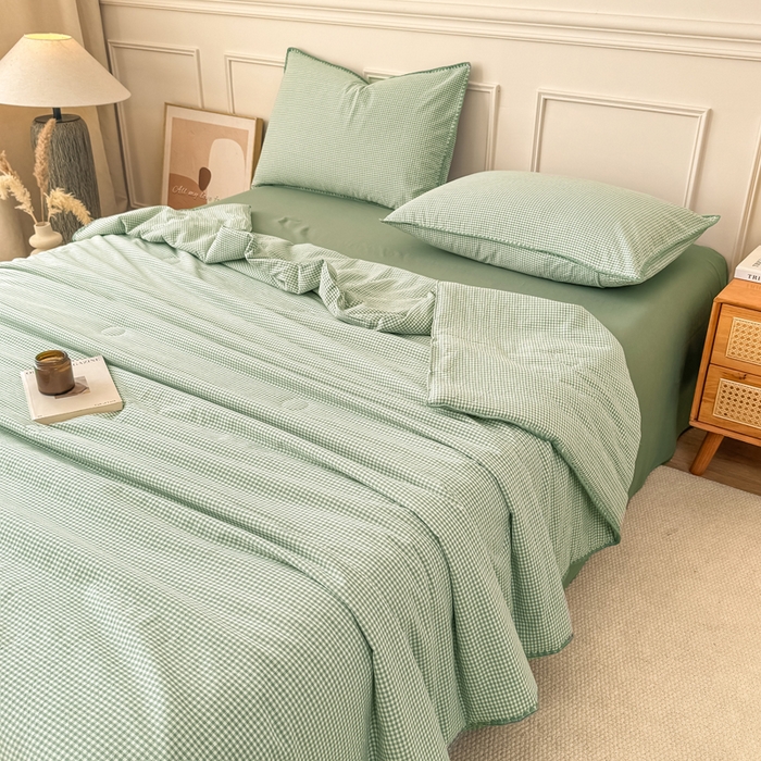 91家纺网 家纺一手货源 找家纺 鸣升家纺 2026新款全棉色织水洗棉贝壳边棉花空调被夏凉被夏被四件套 果绿
