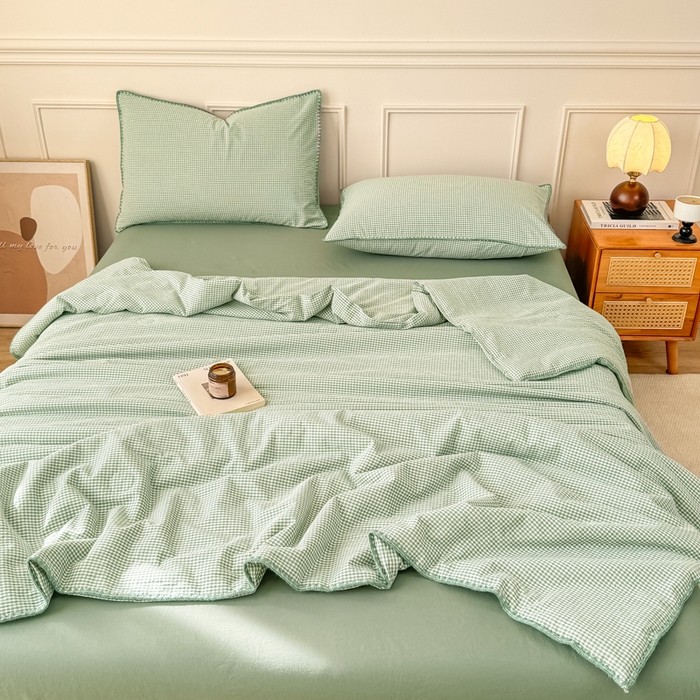 91家纺网 家纺一手货源 找家纺 鸣升家纺 2026新款全棉色织水洗棉贝壳边棉花空调被夏凉被夏被四件套 果绿