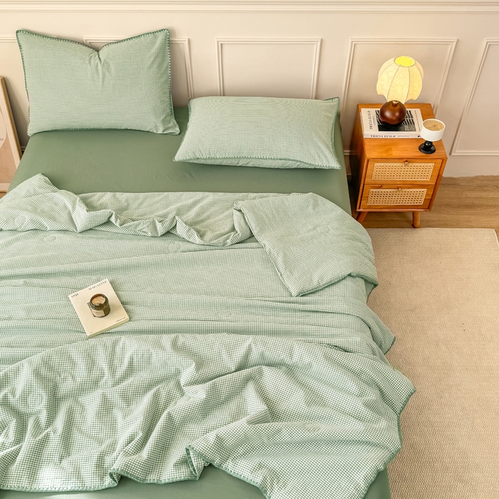 91家纺网 家纺一手货源 找家纺 鸣升家纺 2026新款全棉色织水洗棉贝壳边棉花空调被夏凉被夏被四件套 果绿