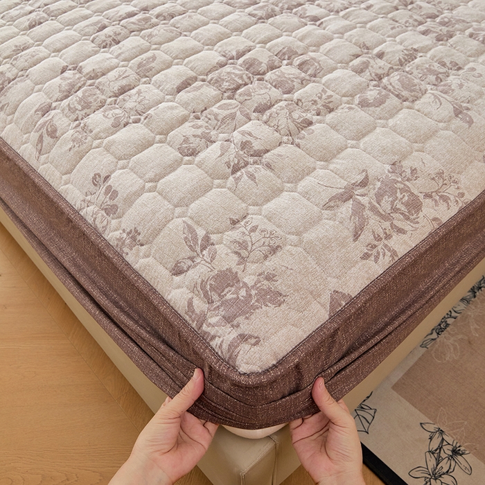 圣比熊 2026新款原麻夹棉床笠机洗家用防滑透气四季款加厚床罩床垫床单保护套三件套-新款 古堡花园-咖