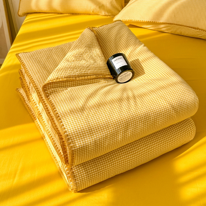 鸣升家纺 2026新款全棉色织水洗棉贝壳边棉花空调被夏凉被夏被四件套 姜黄