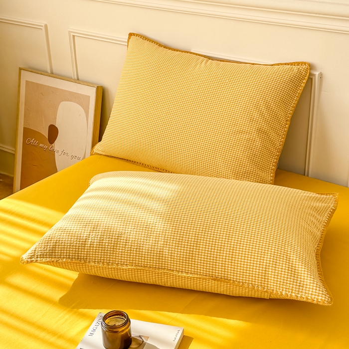 91家纺网 家纺一手货源 找家纺 鸣升家纺 2026新款全棉色织水洗棉贝壳边棉花空调被夏凉被夏被四件套 姜黄