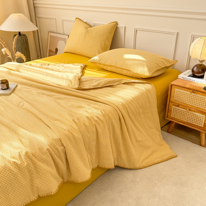 91家纺网 家纺一手货源 找家纺 鸣升家纺 2026新款全棉色织水洗棉贝壳边棉花空调被夏凉被夏被四件套 姜黄